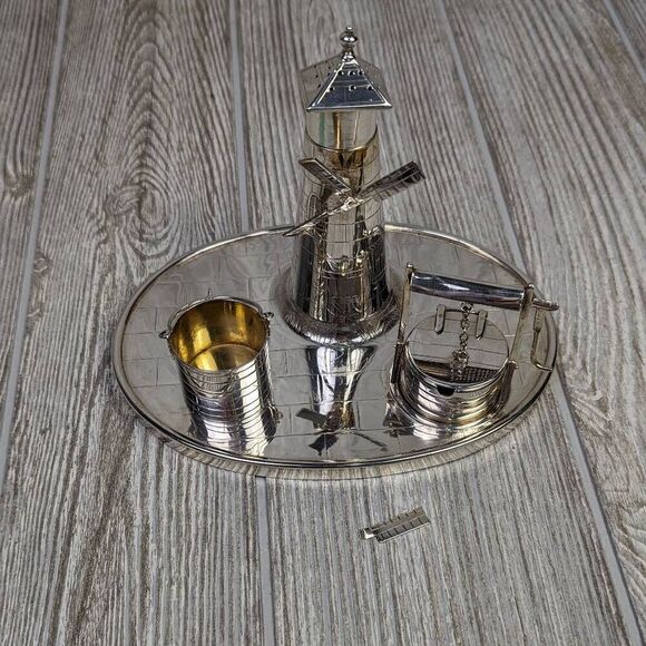 Victorian Silver Plated Novelty Cruet Set with Engraved Windmill Style Pepper Po - Picture 8 of 15